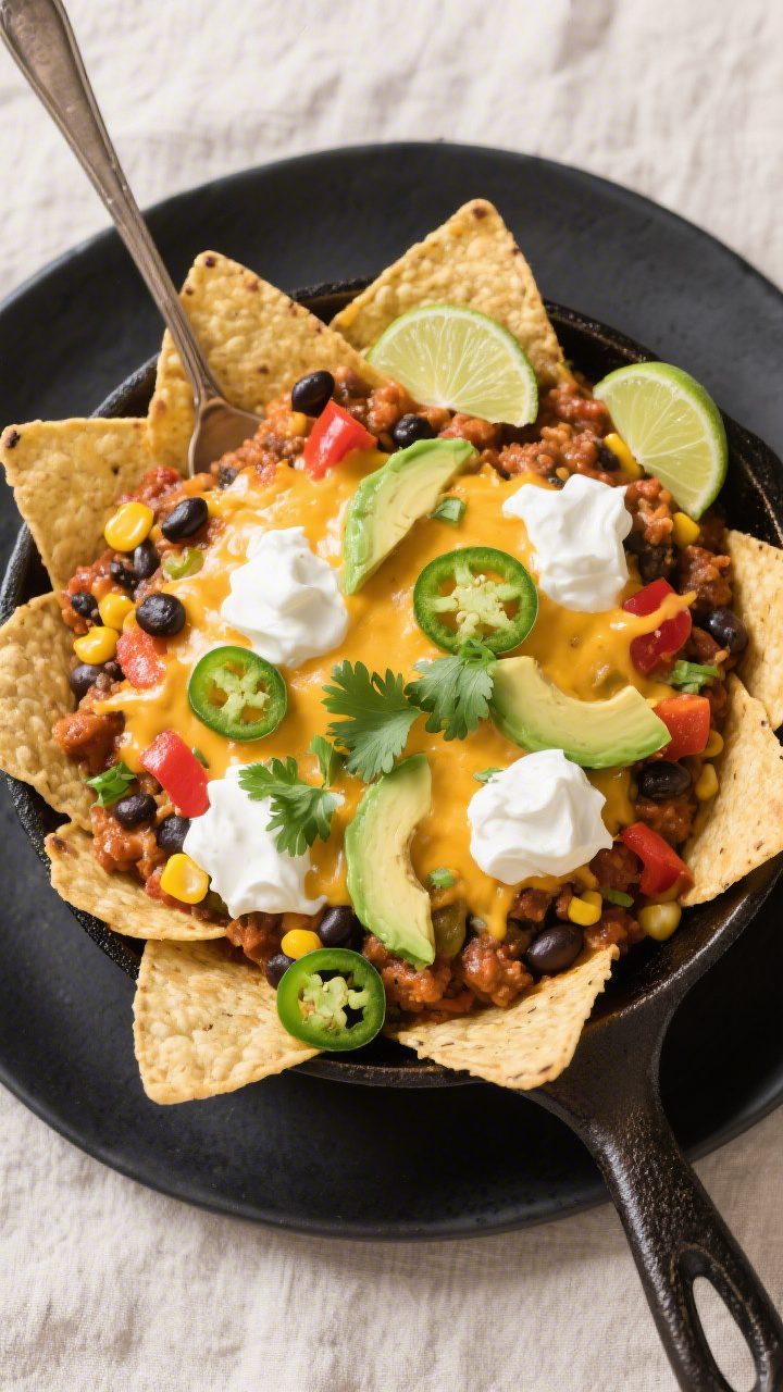 Tasty top-view: Overhead shot of the finished 30-Minute Taco Skillet served nacho-style—mound of t
