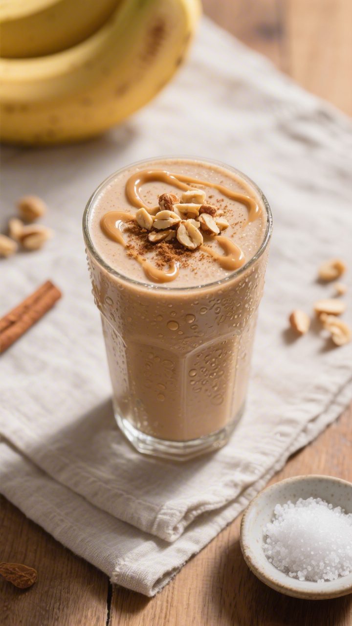 Tasty top view: Overhead shot of the finished Banana Peanut Butter Smoothie poured into a chilled gl