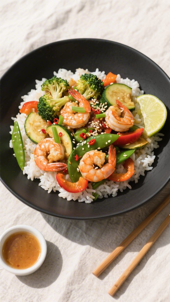 Tasty top view: Overhead shot of the finished Garlic Shrimp Stir Fry served over fluffy white rice i