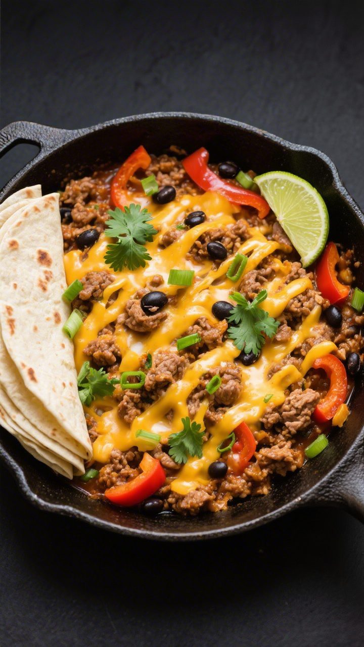 Tasty top view: Overhead shot of the finished Ground Turkey Taco Skillet, cheese partially melted in