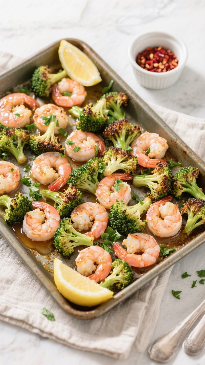 Tasty top view: Overhead shot of the finished Sheet Pan Shrimp and Broccoli served family-style on t