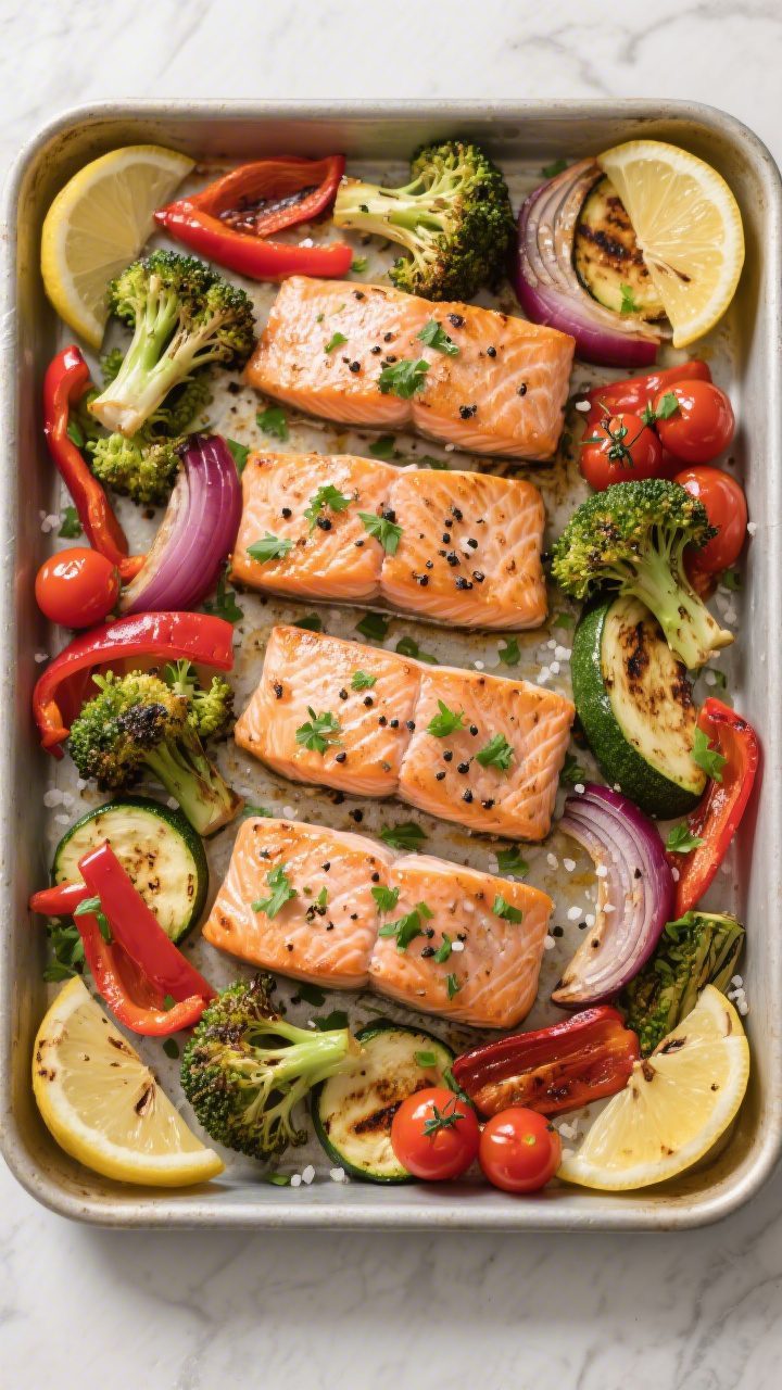 Tasty top view: Overhead shot of the full cooked sheet pan after veggies’ head start and final roa