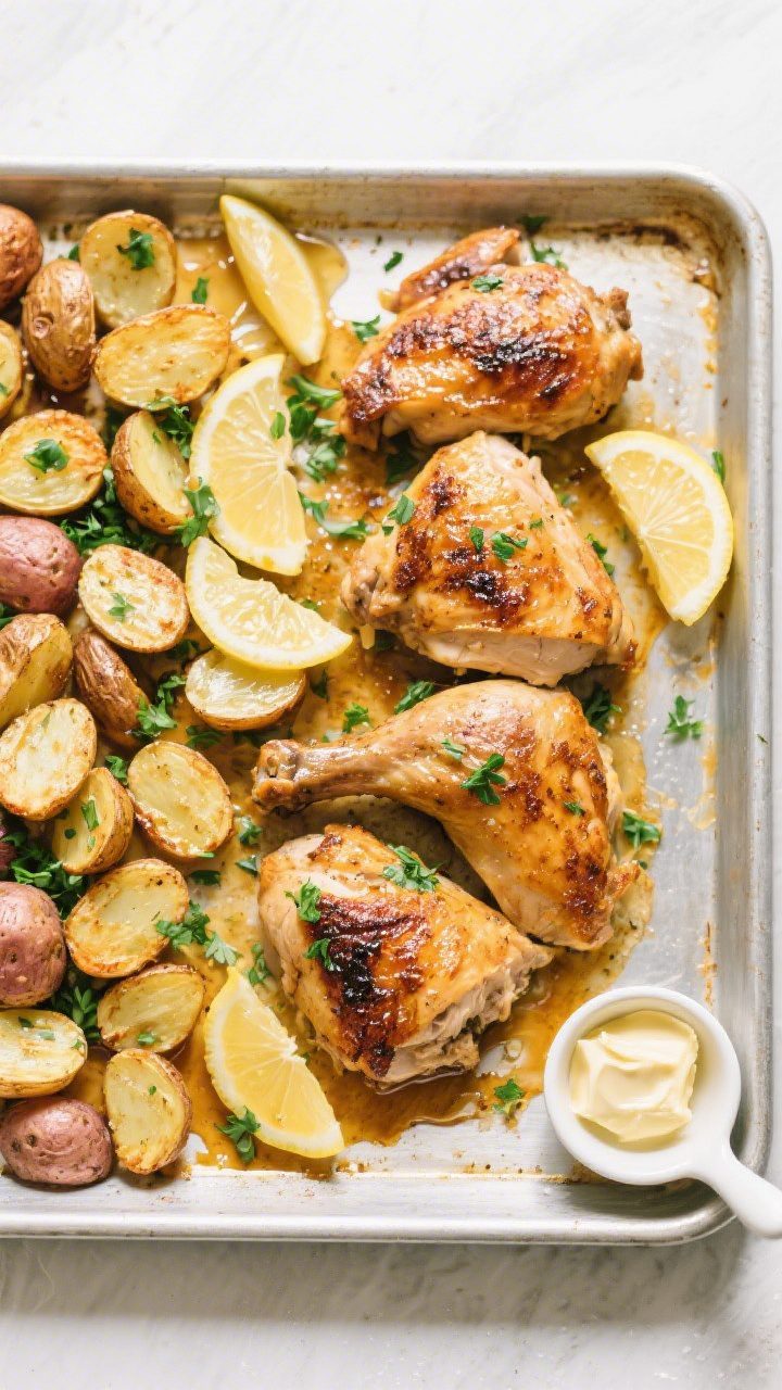 Tasty top view: Overhead shot of the full sheet pan after roasting—juicy, well-browned chicken on