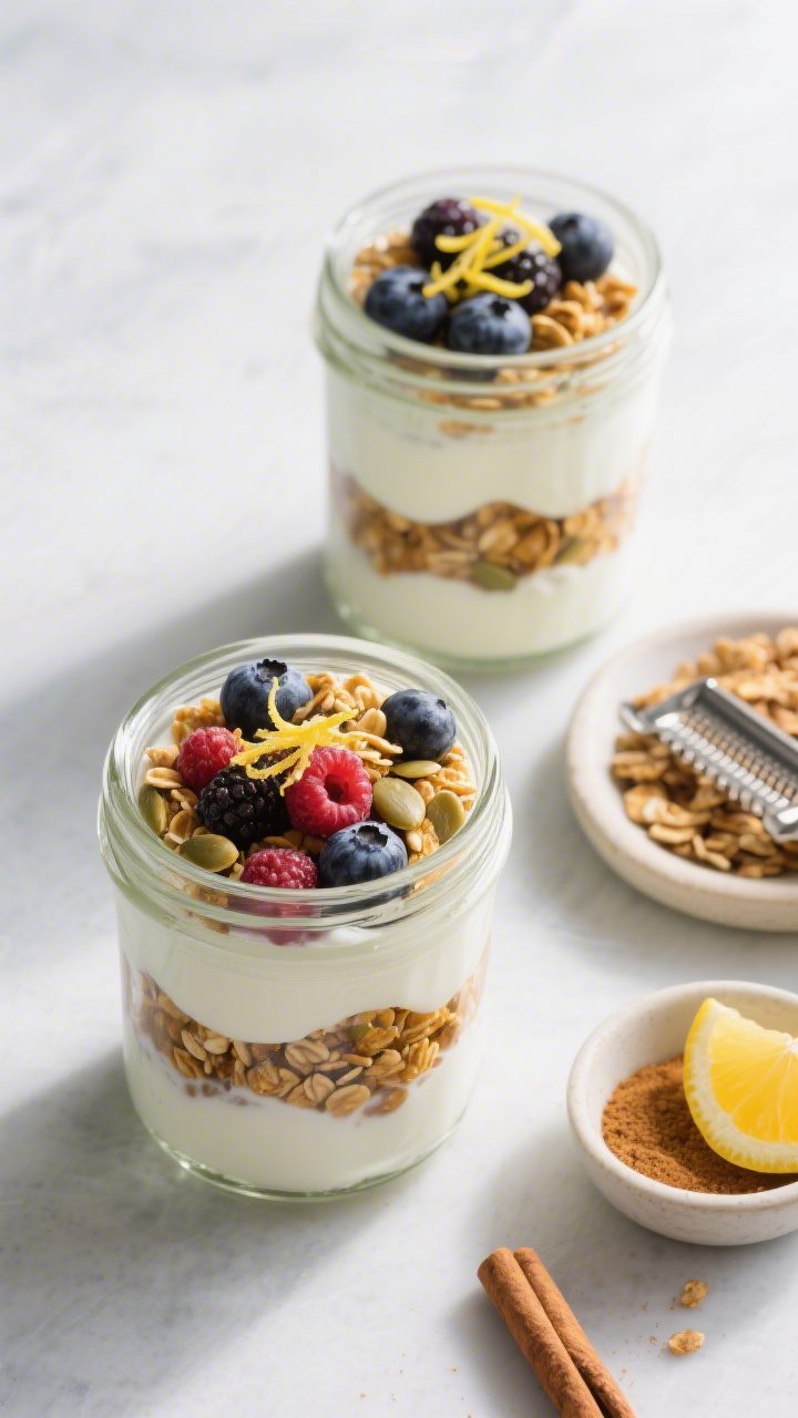 Tasty top view: Overhead shot of two assembled yogurt parfaits in pint jars, showcasing distinct, ev