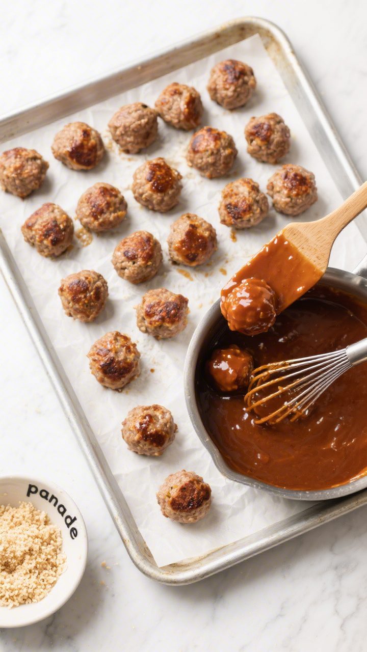 Tasty top view (process to serve): Overhead shot of freshly baked 1-inch meatballs on parchment-line