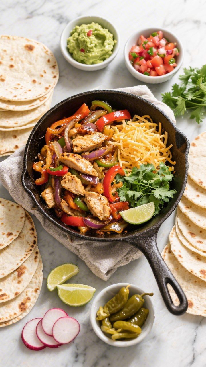 Tasty top view, topping bar vibe: Overhead shot of a build-your-own chicken fajita spread—center s