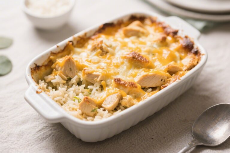 Cheesy Chicken and Rice Casserole – Cozy, Creamy, and Comforting